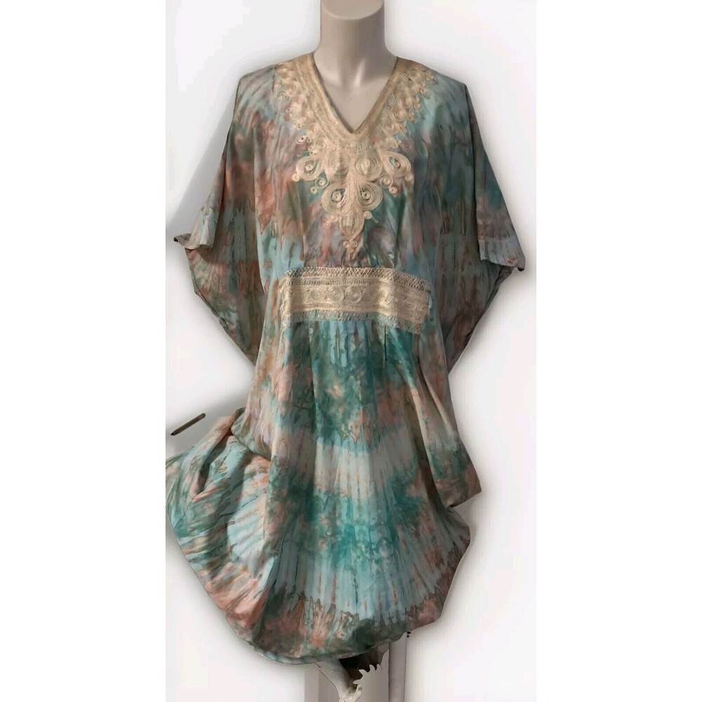 Woman's  Kaftan -Tie-dyed & Embroidered / Blue, Turq, Brown